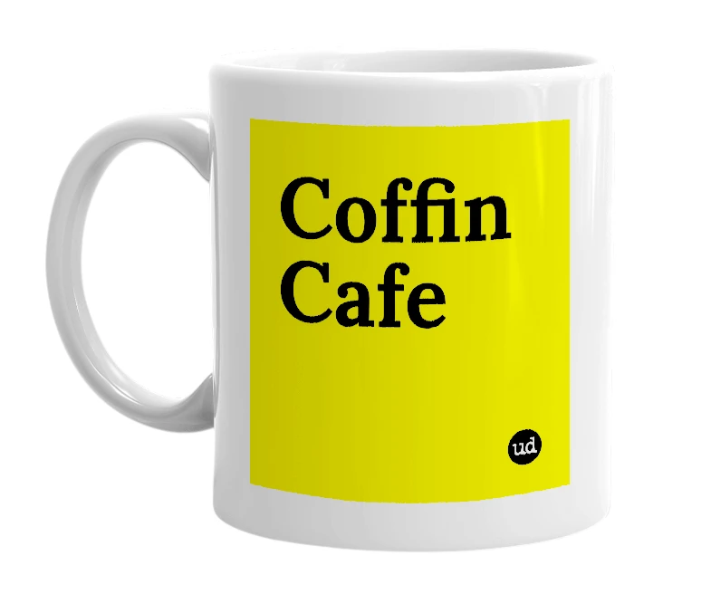 White mug with 'Coffin Cafe' in bold black letters