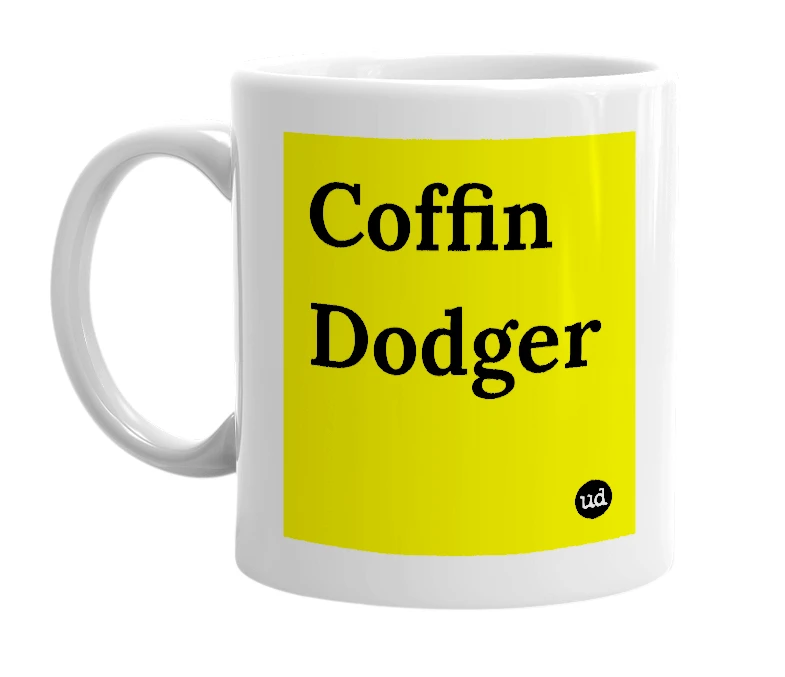 White mug with 'Coffin Dodger' in bold black letters