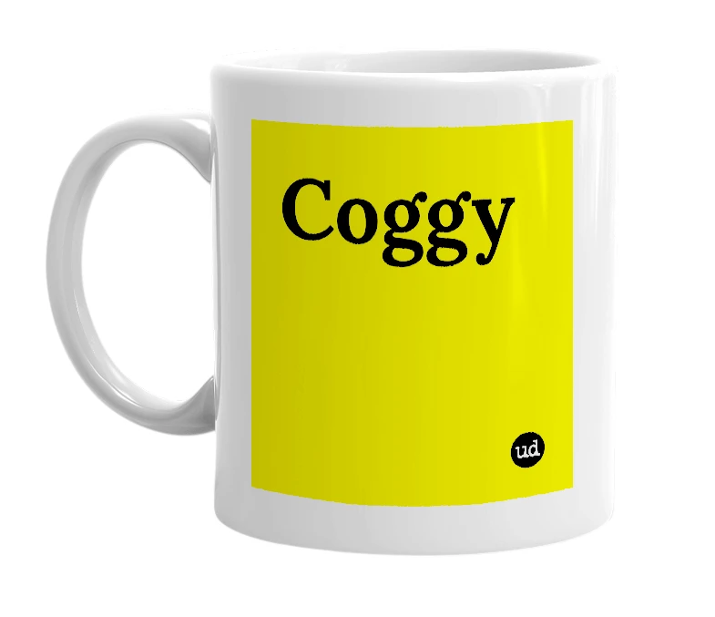 White mug with 'Coggy' in bold black letters