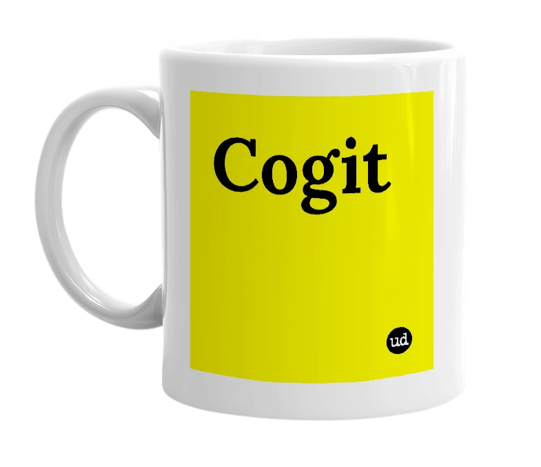 White mug with 'Cogit' in bold black letters