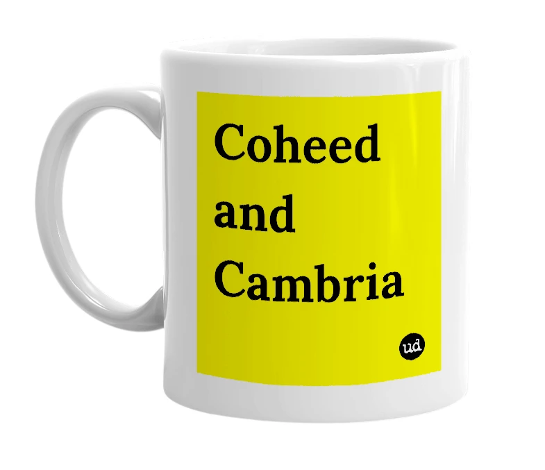 White mug with 'Coheed and Cambria' in bold black letters