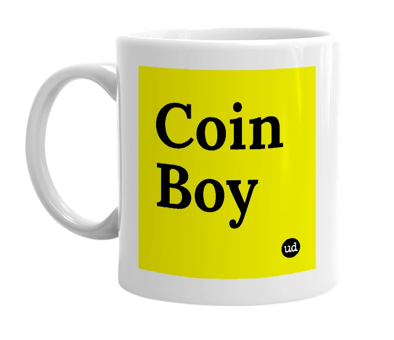 White mug with 'Coin Boy' in bold black letters