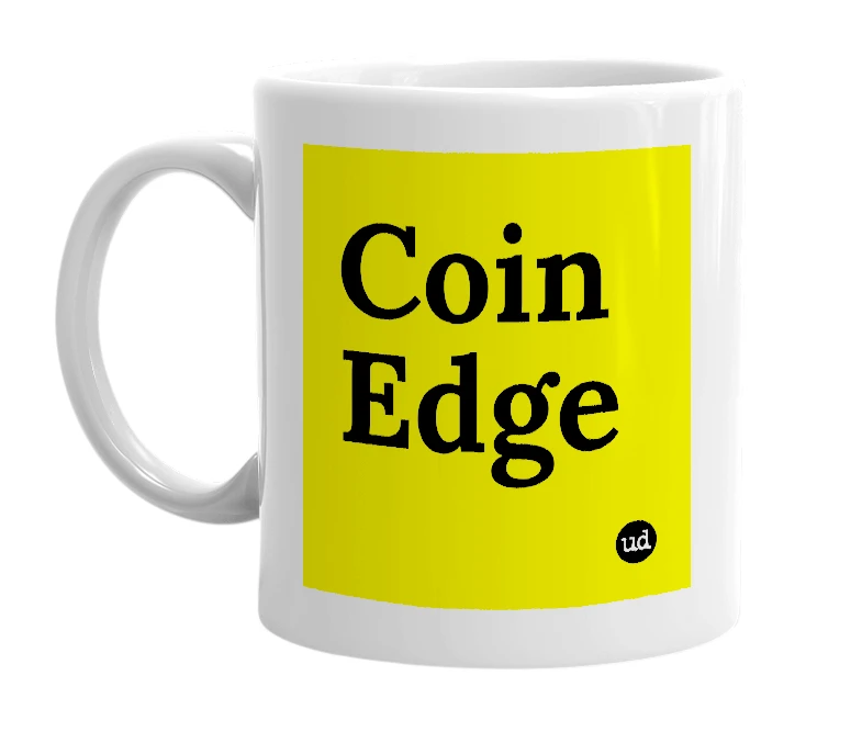 White mug with 'Coin Edge' in bold black letters