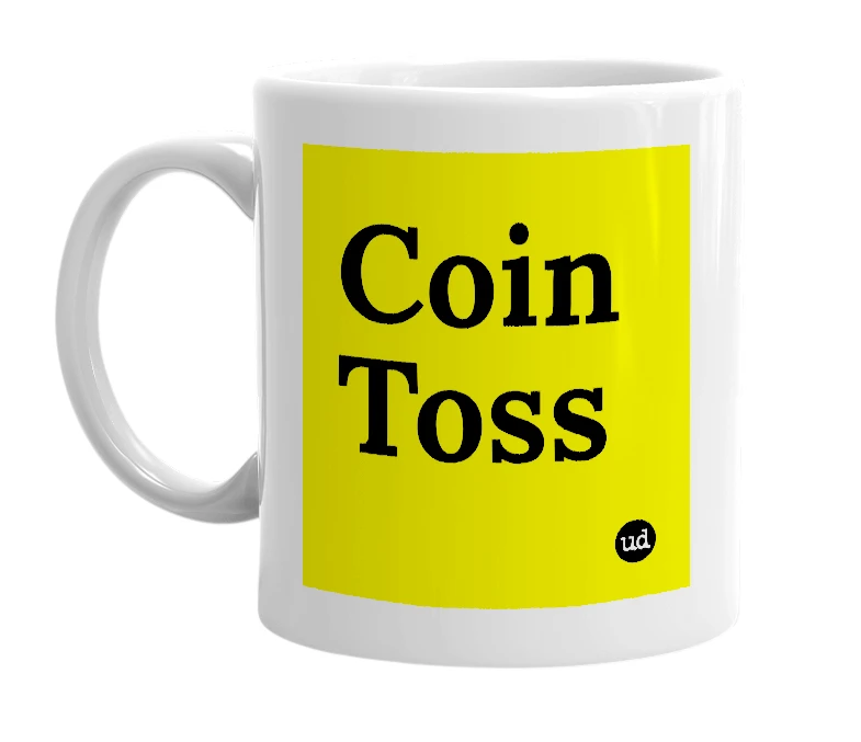 White mug with 'Coin Toss' in bold black letters