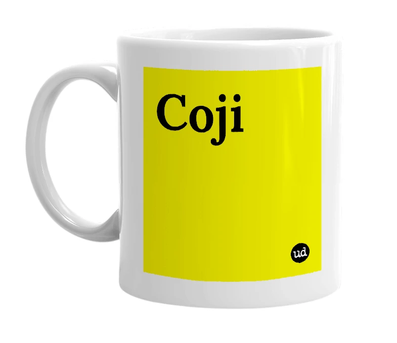 White mug with 'Coji' in bold black letters
