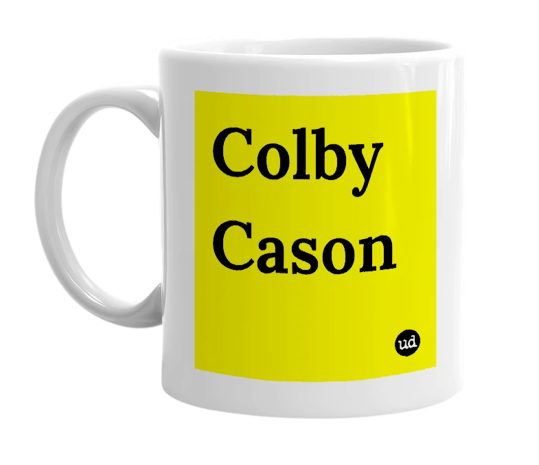 White mug with 'Colby Cason' in bold black letters
