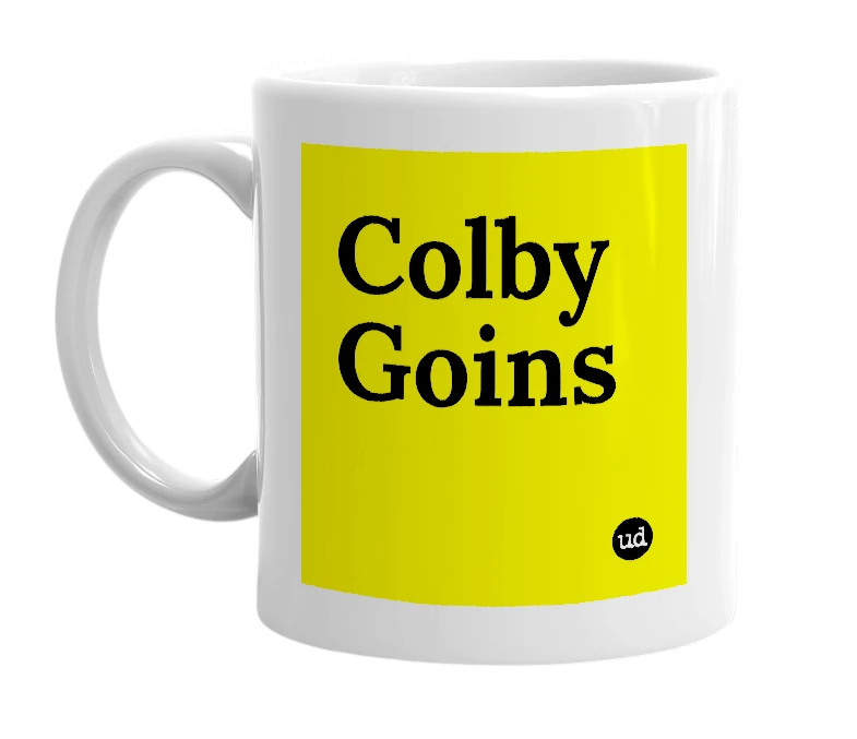 White mug with 'Colby Goins' in bold black letters