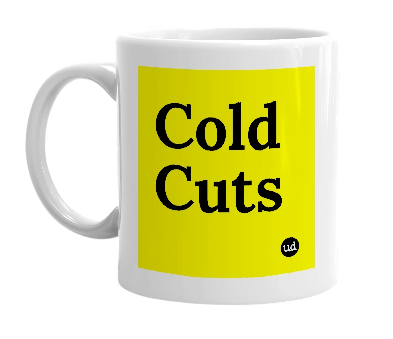 White mug with 'Cold Cuts' in bold black letters