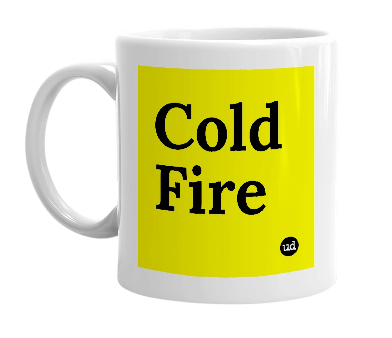 White mug with 'Cold Fire' in bold black letters