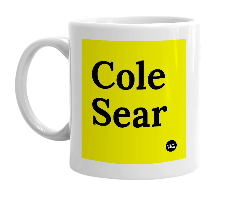 White mug with 'Cole Sear' in bold black letters