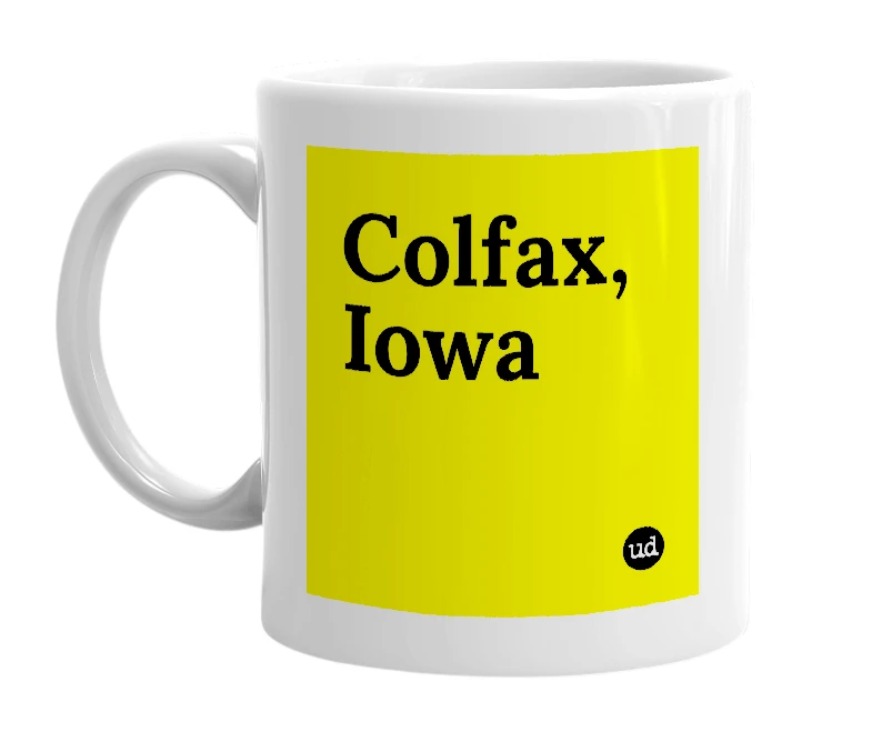 White mug with 'Colfax, Iowa' in bold black letters