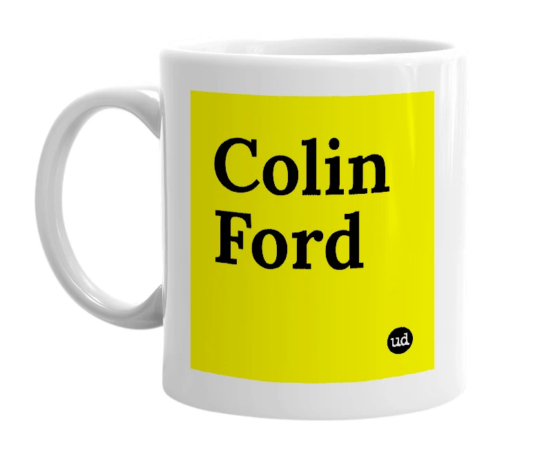 White mug with 'Colin Ford' in bold black letters