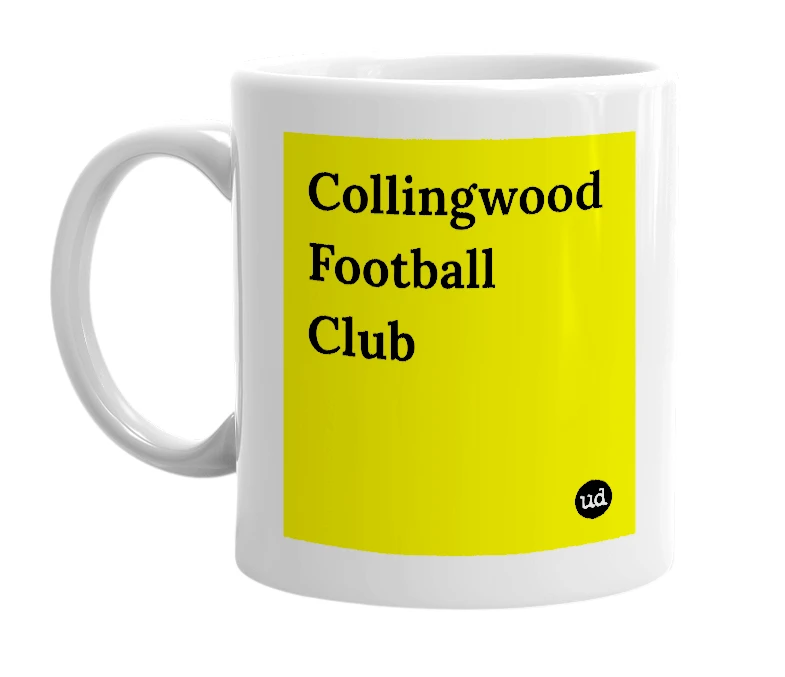 White mug with 'Collingwood Football Club' in bold black letters