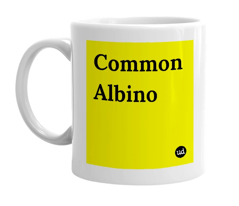 White mug with 'Common Albino' in bold black letters