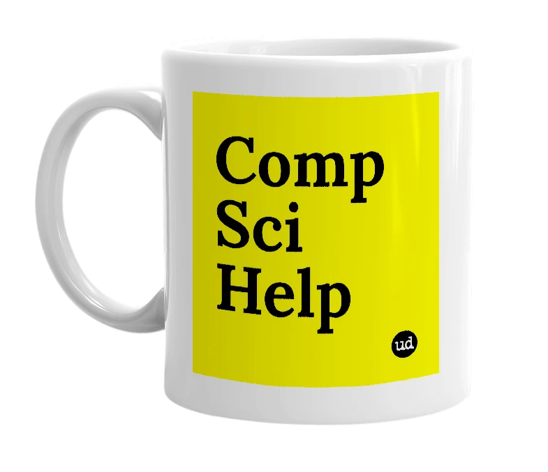 White mug with 'Comp Sci Help' in bold black letters