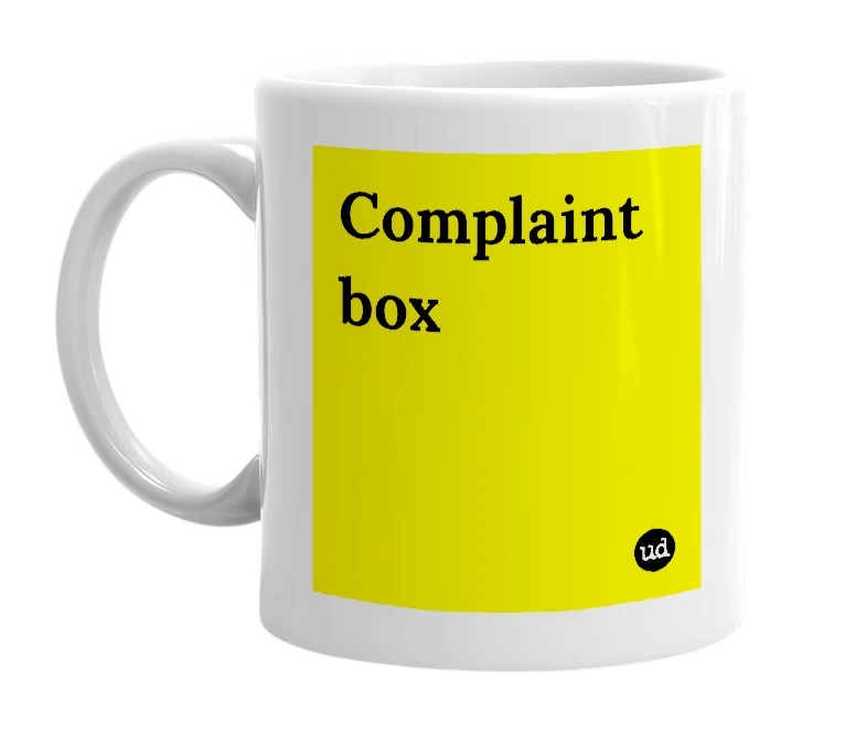 White mug with 'Complaint box' in bold black letters