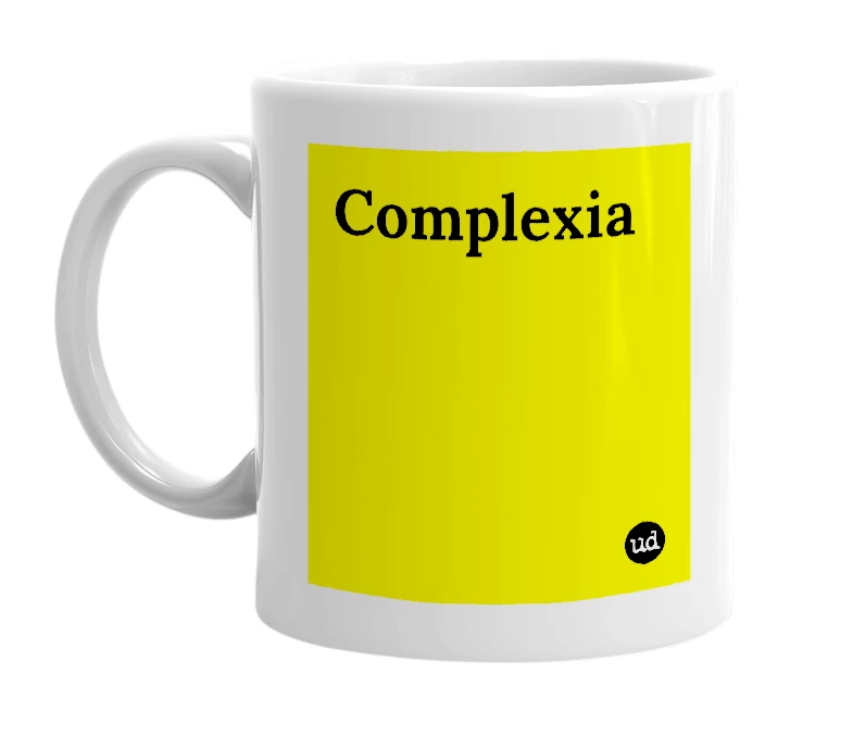 White mug with 'Complexia' in bold black letters