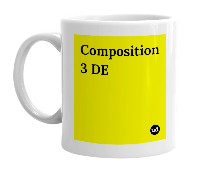 White mug with 'Composition 3 DE' in bold black letters