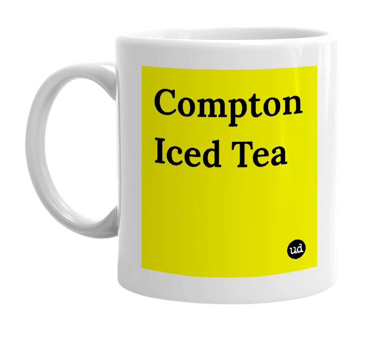 White mug with 'Compton Iced Tea' in bold black letters