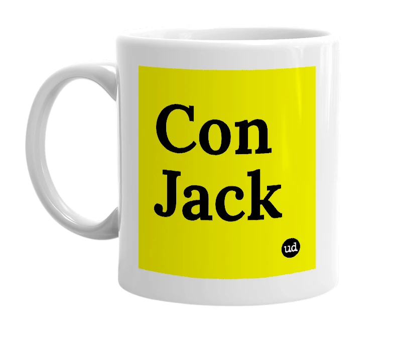 White mug with 'Con Jack' in bold black letters