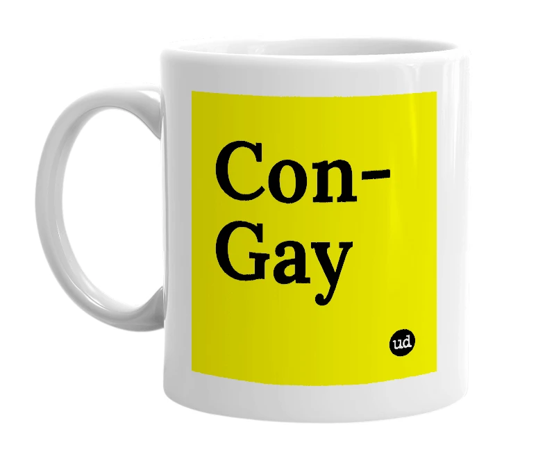 White mug with 'Con-Gay' in bold black letters