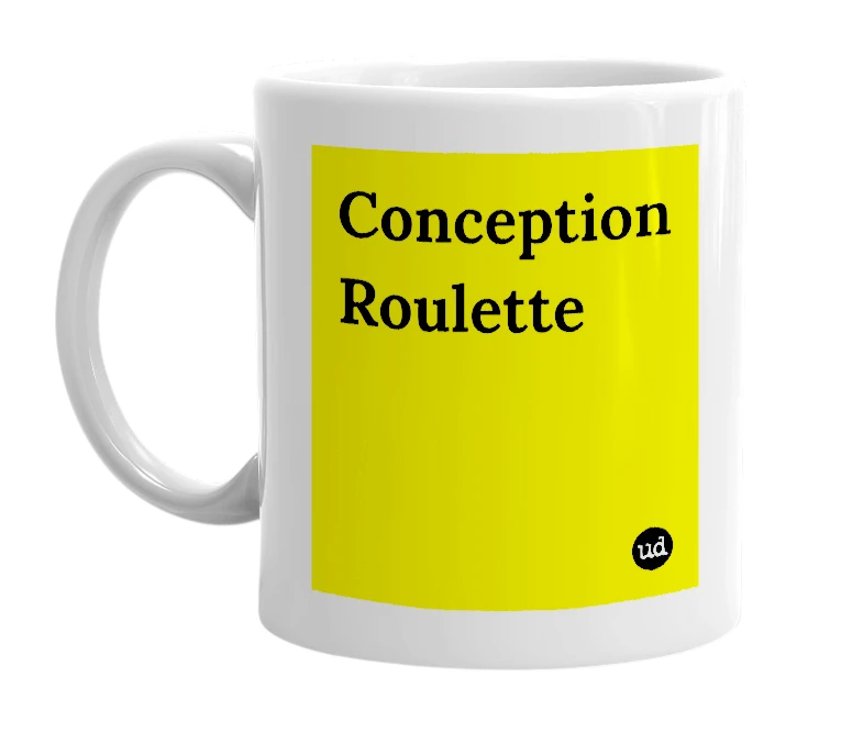 White mug with 'Conception Roulette' in bold black letters