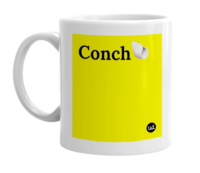 White mug with 'Conch🐚' in bold black letters