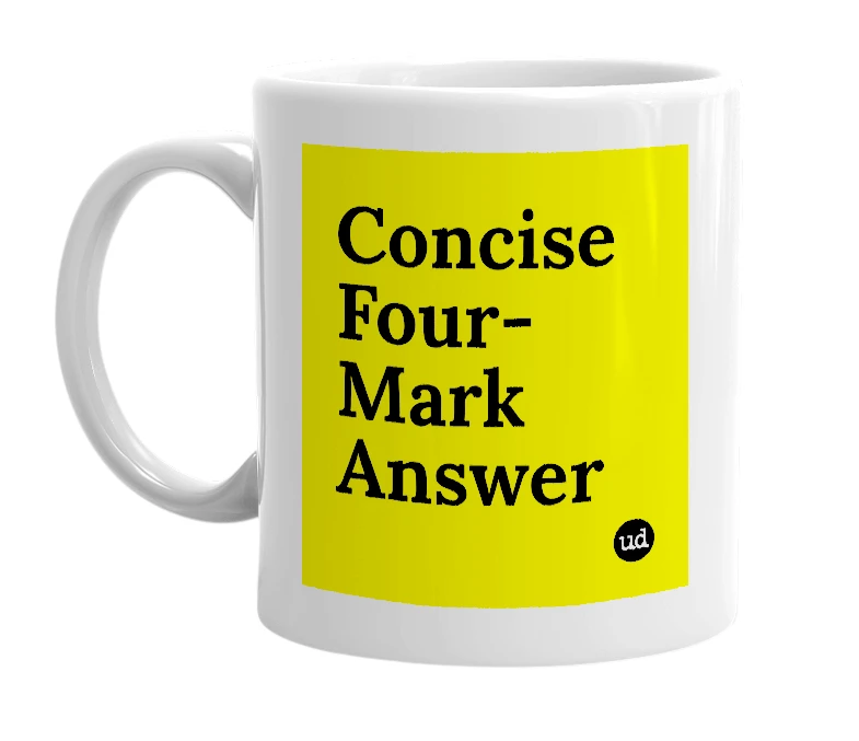 White mug with 'Concise Four-Mark Answer' in bold black letters