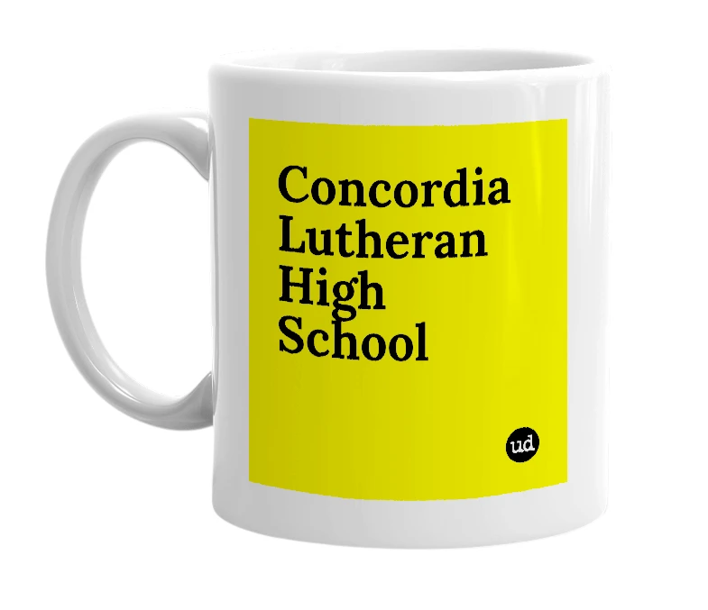 White mug with 'Concordia Lutheran High School' in bold black letters