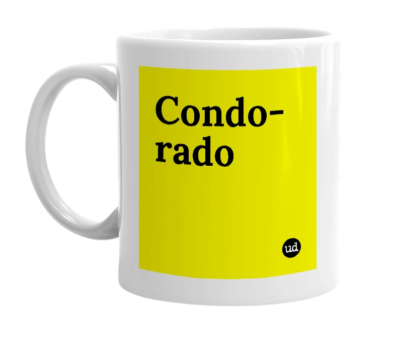 White mug with 'Condo-rado' in bold black letters