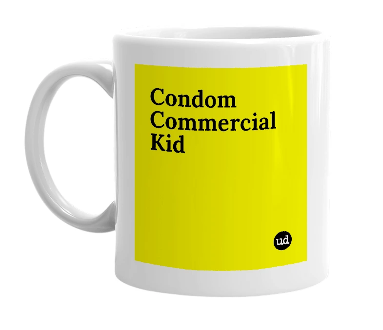 White mug with 'Condom Commercial Kid' in bold black letters