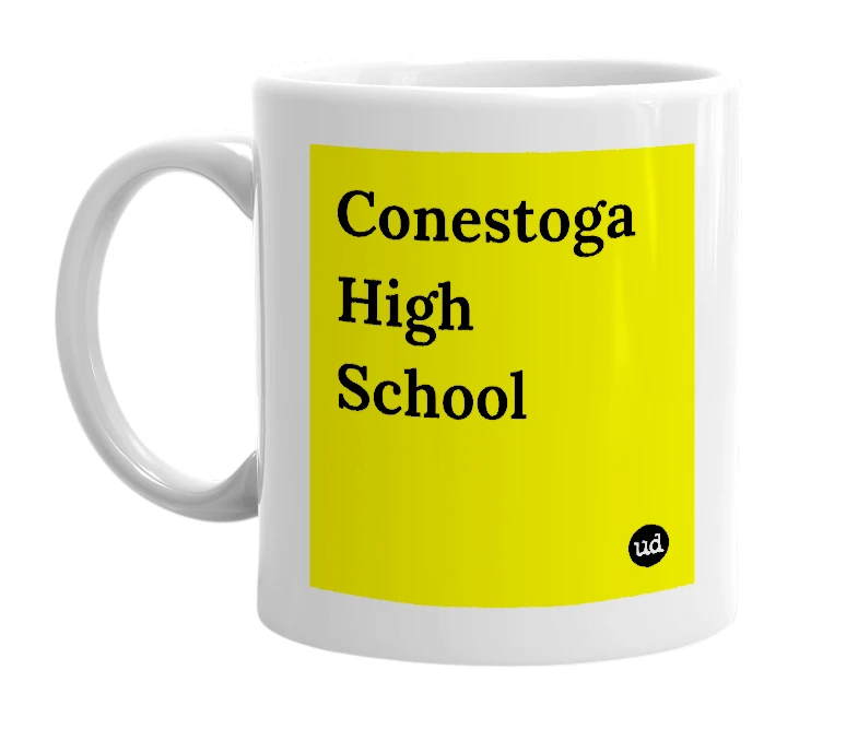 White mug with 'Conestoga High School' in bold black letters