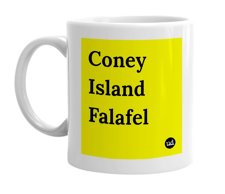 White mug with 'Coney Island Falafel' in bold black letters
