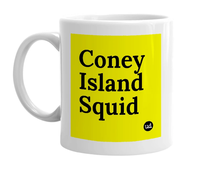 White mug with 'Coney Island Squid' in bold black letters