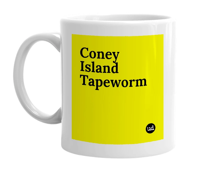 White mug with 'Coney Island Tapeworm' in bold black letters