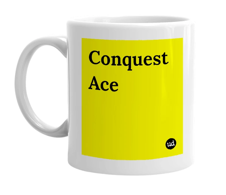 White mug with 'Conquest Ace' in bold black letters
