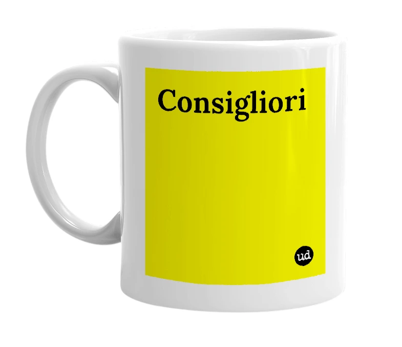 White mug with 'Consigliori' in bold black letters