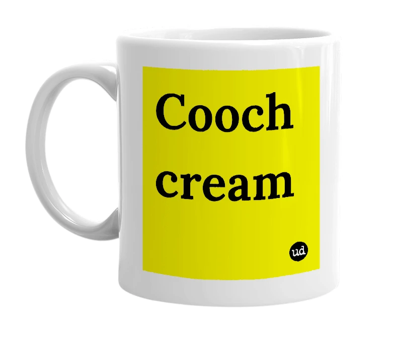 White mug with 'Cooch cream' in bold black letters