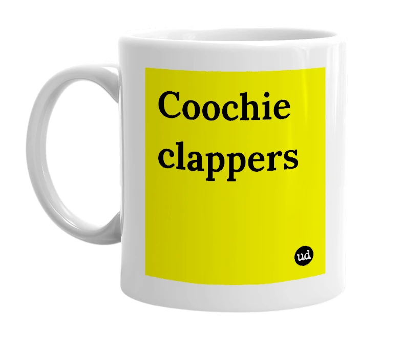 White mug with 'Coochie clappers' in bold black letters