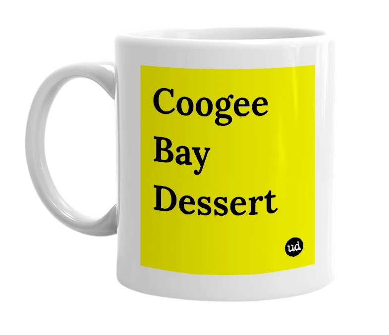 White mug with 'Coogee Bay Dessert' in bold black letters