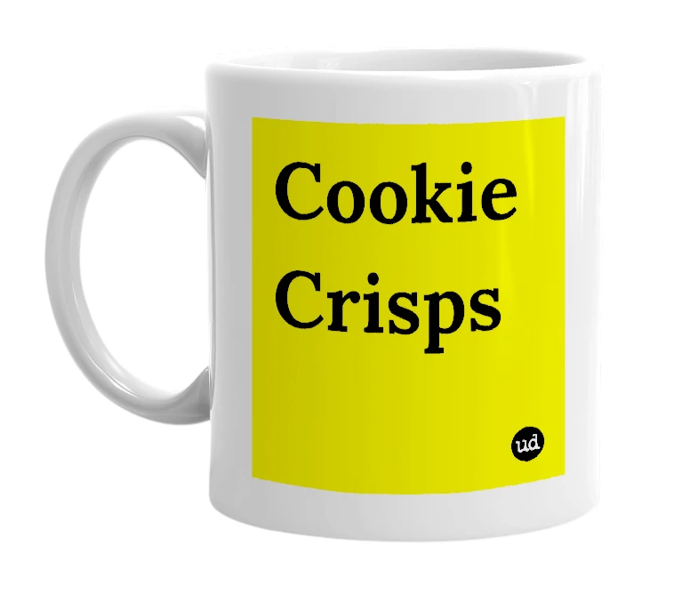 White mug with 'Cookie Crisps' in bold black letters