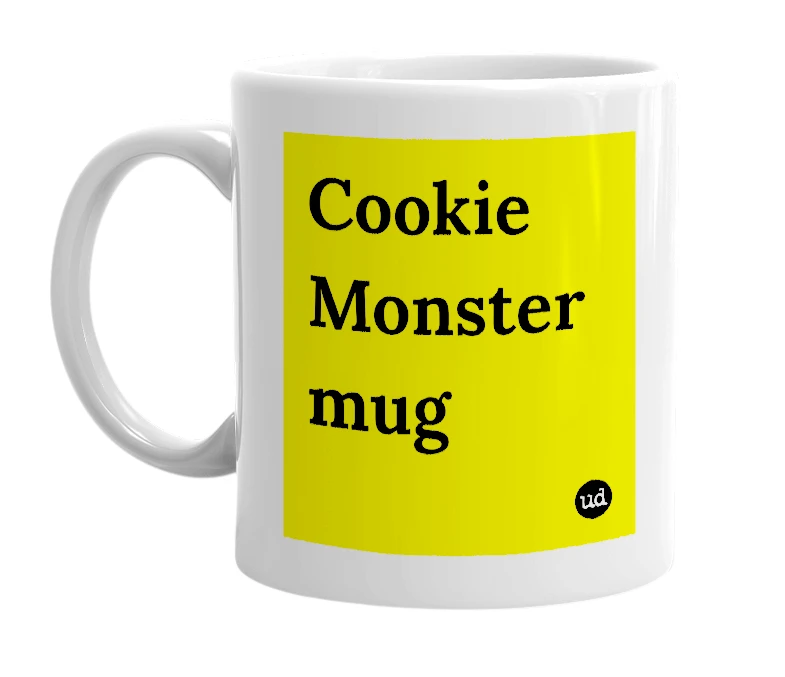 White mug with 'Cookie Monster mug' in bold black letters