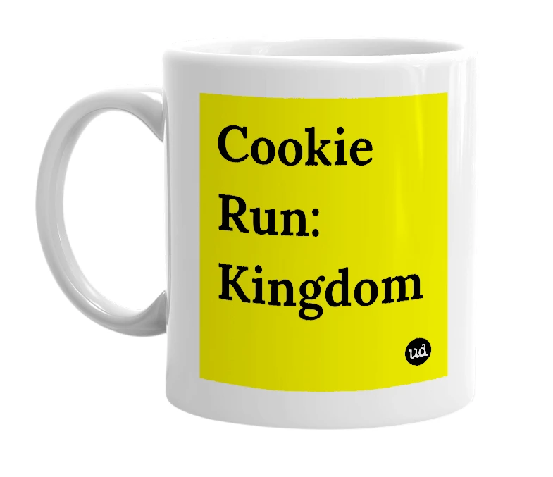 White mug with 'Cookie Run: Kingdom' in bold black letters
