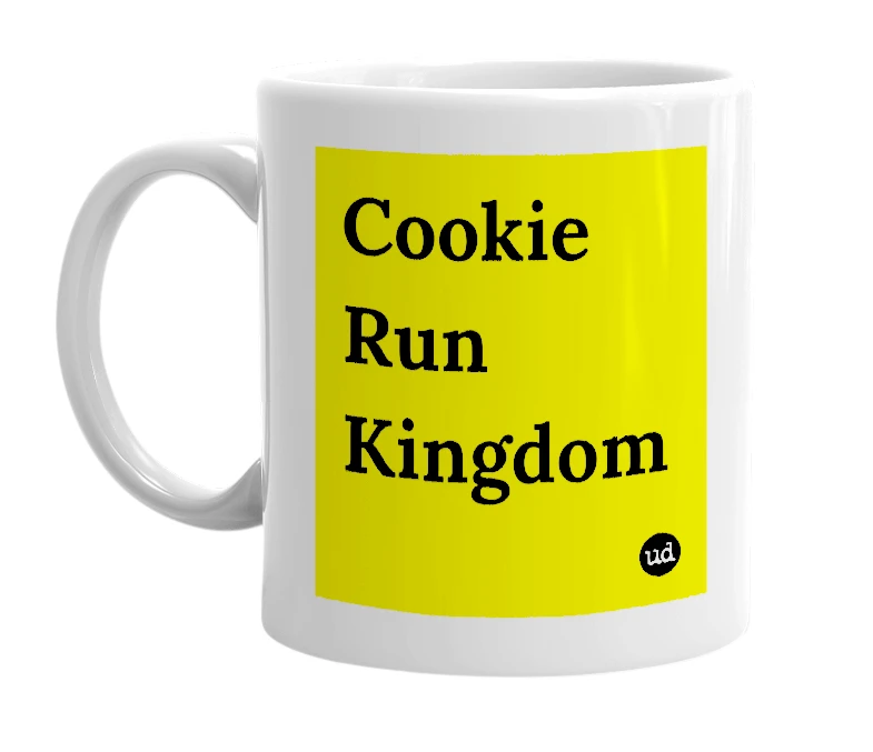 White mug with 'Cookie Run Kingdom' in bold black letters