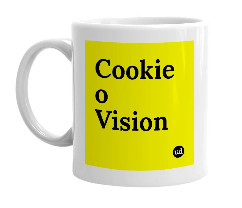 White mug with 'Cookie o Vision' in bold black letters