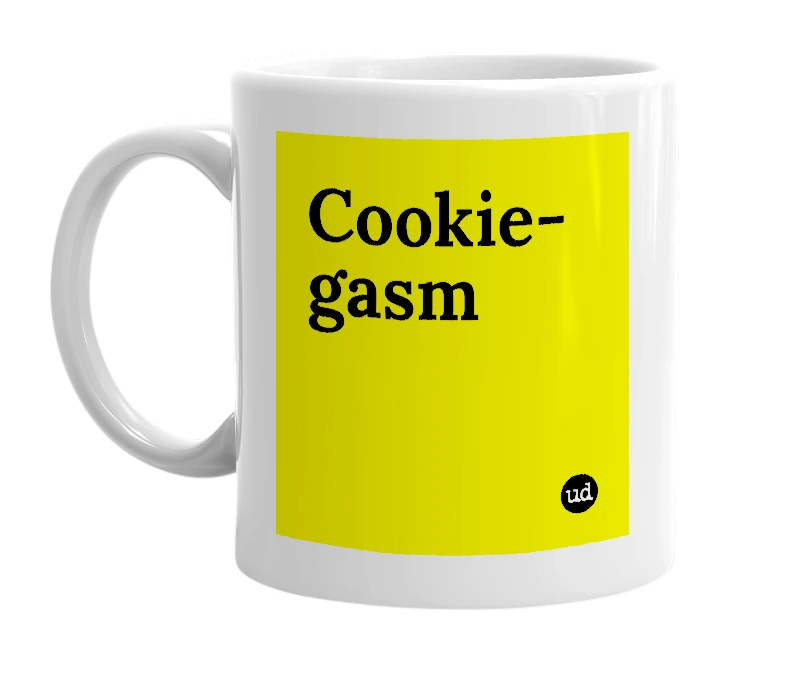 White mug with 'Cookie-gasm' in bold black letters