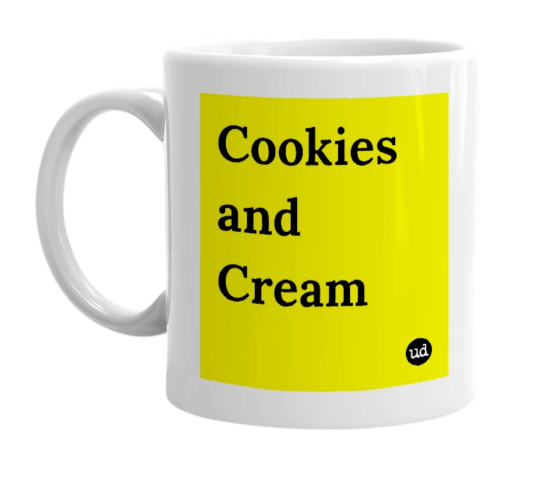 White mug with 'Cookies and Cream' in bold black letters