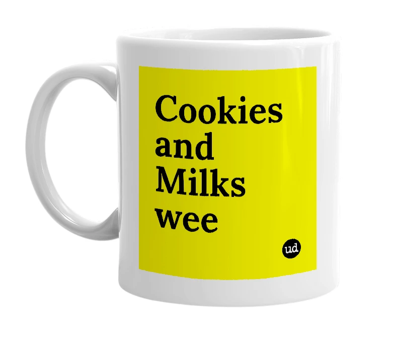 White mug with 'Cookies and Milks wee' in bold black letters
