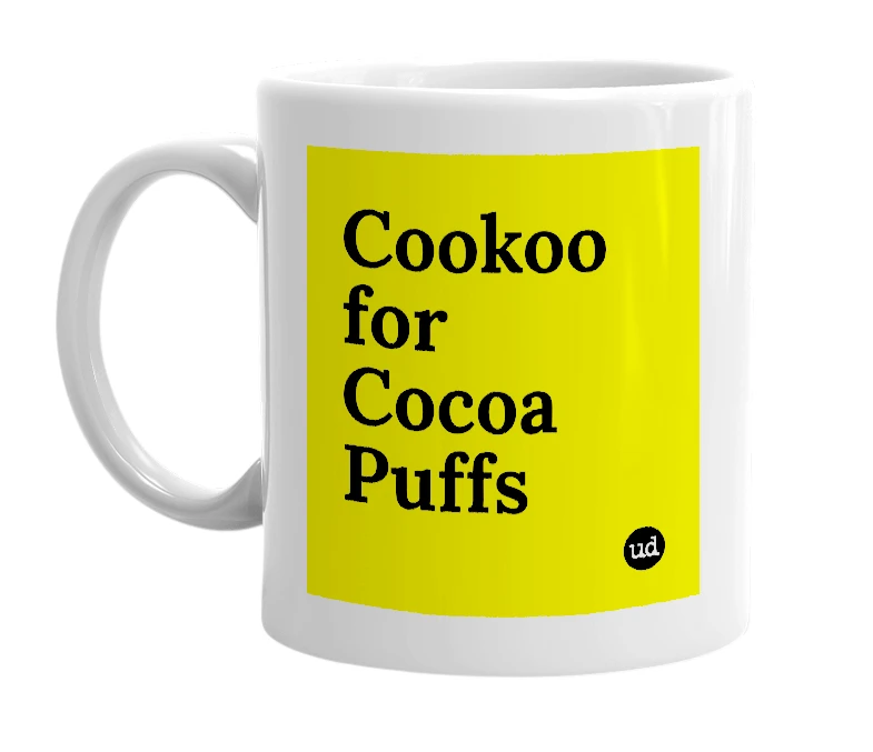 White mug with 'Cookoo for Cocoa Puffs' in bold black letters