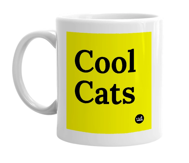 White mug with 'Cool Cats' in bold black letters